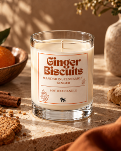 Sojowa świeca zapachowa Ginger Biscuits Wellspring Home o zapachu mandarynki, cynamonu i imbiru