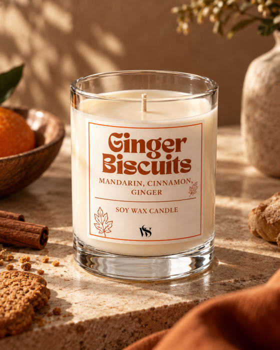 Sojowa świeca zapachowa Ginger Biscuits Wellspring Home o zapachu mandarynki, cynamonu i imbiru