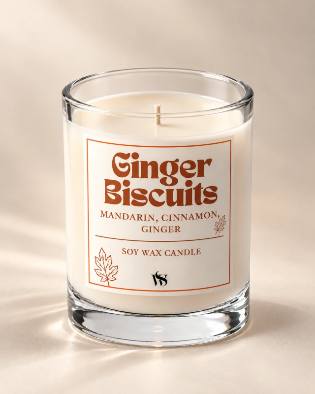 Sojowa świeca zapachowa Ginger Biscuits Wellspring Home o zapachu mandarynki, cynamonu i imbiru